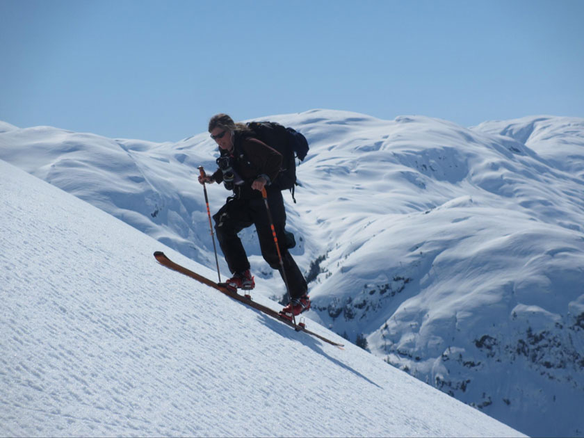 Skiers are rewarded with fresh runs and breathtaking views after skinning up those steep, Alaskan slopes.